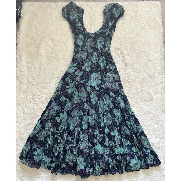 Free People Dress Sundrenched Short-Sleeve Maxi Tiered Floral Emerald Combo M - Picture 4 of 12